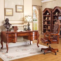 Vente en gros d'usine bureau sculpté en bois massif bureau design antique avec 5 tiroirs table d'ordinateur d'hôtel table d'écriture