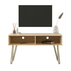 Mobile TV moderno in legno di abete con 2 ripiani aperti e gambe in metallo per TV da 50-54 pollici, arredamento per soggiorno - Product Image 1