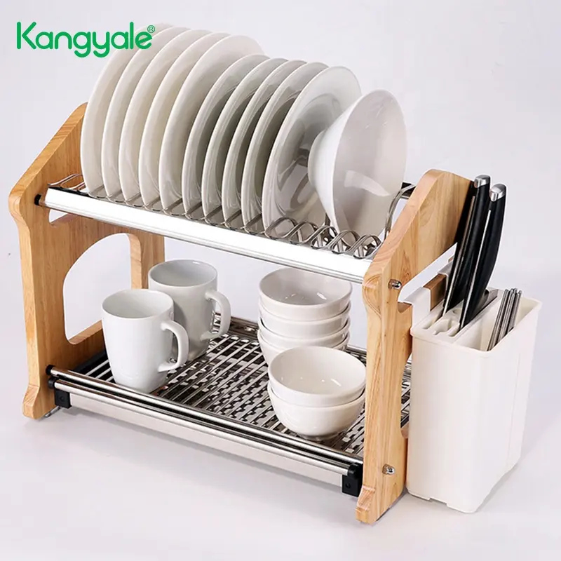Kangyale support à vaisselle en bois à deux niveaux, support à ustensiles de cuisine en acier inoxydable