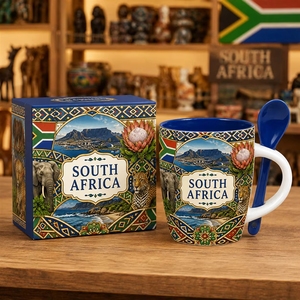 Souvenir touristique d'Afrique du <span class=keywords><strong>Sud</strong></span>, tasse à café en céramique, design imprimé éléphant et léopard, avec cuillère et boîte, OEM ODM personnalisé - Product Image 3