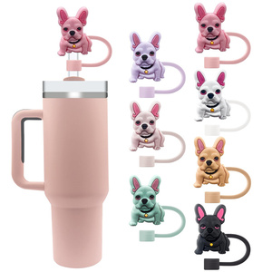 Lindo <span class=keywords><strong>Bulldog</strong></span> Francés Perro Paja Charm10mm Vaso Reutilizable Vaso Accesorios para Bebidas Punta de Paja Tapa Tapón Topper - Product Image 1