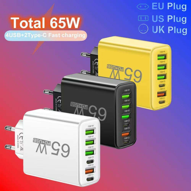 65W USB+Type C Charger EU/UK/US Plug 6 Ports Fast Charging Wall PD Mobile Adapter Power for Mobile Phone Charger Custom Logo