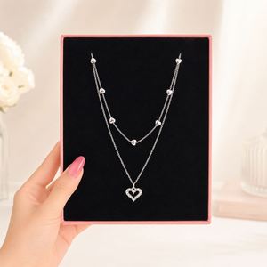 Nouveau Collier Pendentif Cœur en Alliage Tendance, Double Couche, Sertissage Griffe de Strass et Zircon, Bijoux d'Anniversaire US - Product Image 3