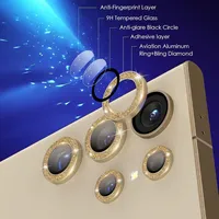 Protection d'objectif en verre scintillant pour Samsung Galaxy S25 S24 Ultra S23+ Plus FE, avec anneau métallique brillant pour capuchon d'objectif arrière S25 Ultra