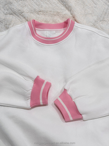 High Quality 100% Cotton French Terry Women's Crewneck <strong>Sweatshirt</strong> with <strong>Pink</strong> Striped Hem and Cuffs Oversized Casual Pullover Top - Product Image 3