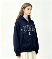 Sweat à capuche zippé surdimensionné pour femme avec broderie étoile et lune, style preppy