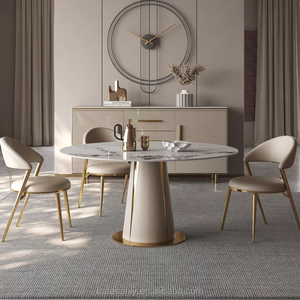 เก้าอี้รับประทานอาหารสแตนเลสสตีลขาสีทองหรูหราสไตล์โมเดิร์นหุ้มหนังสีเทาและสีทองสำหรับร้านอาหารของโรงแรม - Product Image 5