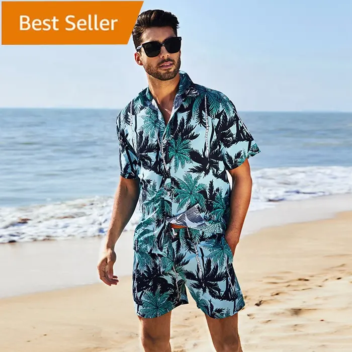 Herren Hawaiian Matching Set Sommer Regular Fit Casual Beach 2 Stück Button Down Urlaub Outfits Blumen hemden und Shorts Anzüge