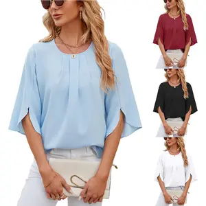 Venta al por mayor de nuevos productos de color sólido de cuello redondo de cinco cuartos de manga de las mujeres blusa camisa de moda de las mujeres blusas de gasa