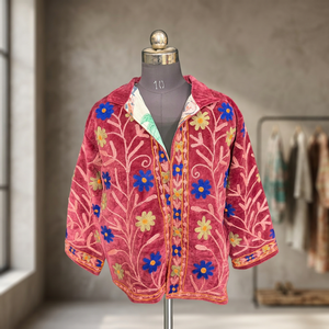 <b>Women</b> Vintage Floral <b>Velvet</b> Suzani Jacket Hand Embroidered Boho Winter <b>Coat</b> Short Kimono Jacket Trendy Indian Artisanal Wea - Product Image 5
