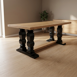 Antique Rectangle Dining Table <b>Oak</b> Veneered MDF Top Solid Wood <b>Frame</b> Beech Pedestal Table for Home Dining Room - Product Image 3