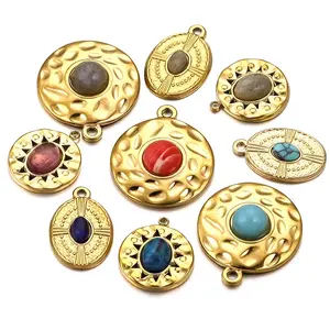 HOYO Stainless Steel Natural Stone Round Oval Pendant Vintage Relief Pendant Diy Necklace Earrings Jewelry Accessories