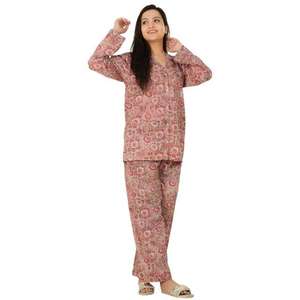 Women Pajama Set Floral Design 100% Cotton Long Sleeve Shirt and <b>Pants</b> Lightweight Breathable Summer Night Suit Sleepwear - Product Image 1