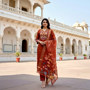 Ensemble Kurta et pantalon 3 pièces en coton et soie pour femme, brodé, avec dupatta jacquard à imprimé numérique scintillant - Product Image 1