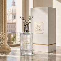 Flacon de parfum cylindrique en verre transparent de luxe en gros avec capuchon en forme de bois de cerf argenté, pulvérisateur à fine brume, boîte cadeau avec logo personnalisé