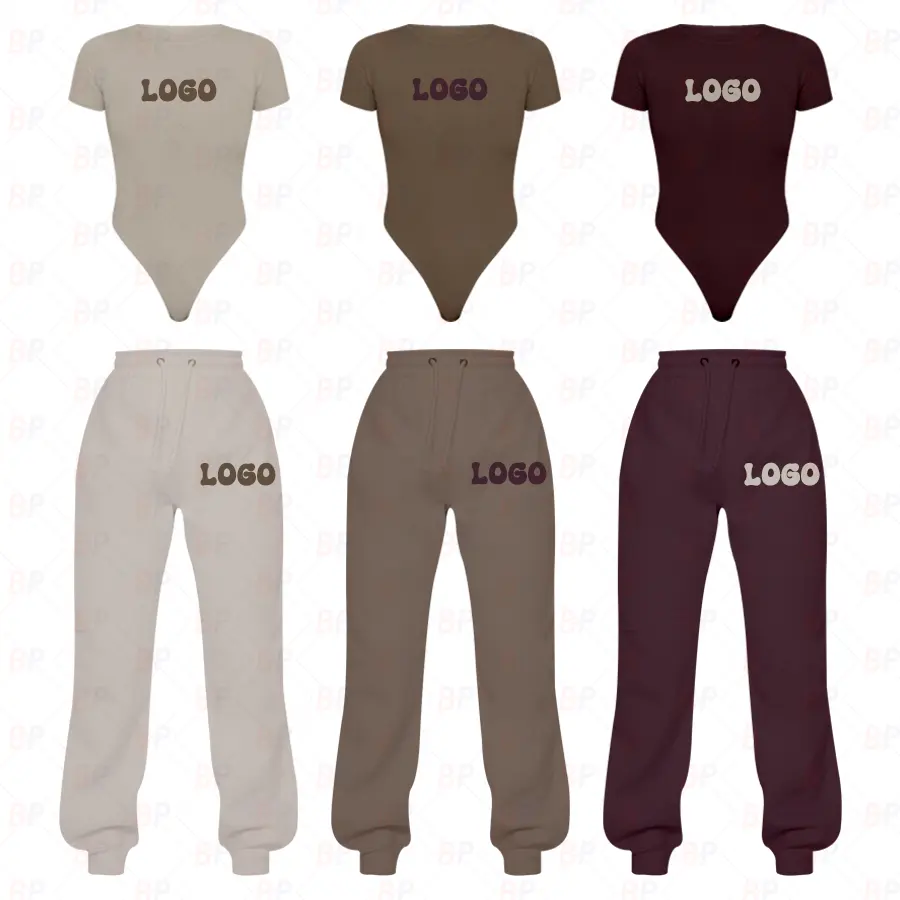 LOGO personalizzato tessuto di cotone organico 2 pezzi Crop Top tuta Jogger Set due pezzi Loungewear Set Lounge wear Set abbigliamento donna