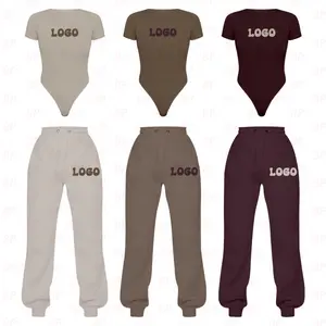 사용자 정의 로고 유기농 코튼 패브릭 2 조각 자르기 탑 바디 수트 조깅 세트 두 조각 Loungewear 세트 라운지 착용 세트 여성 의류