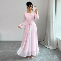 Robe longue décontractée plissée en mousseline de soie pour femme, col rond, manches longues bouffantes, couleur unie, coupe trapèze ajustée avec cordon de serrage à la taille, collection printemps