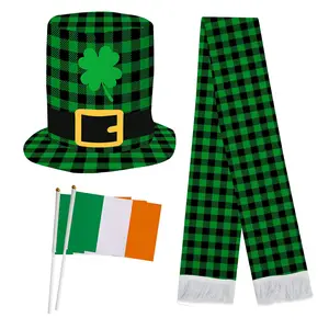 Erwachsene St. Patrick's Day Zylinder Clover Shamrock Polyester Zylinder Hut Schal Irish Hand Waving Flag Party Vier blättriges grünes Kobold