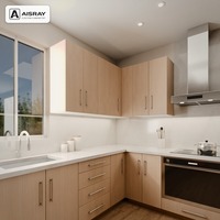 Meuble de cuisine moderne en bois massif avec portes à battants, aménagement en L, boîtes en panneaux mélaminés, unités modulaires et tiroirs à fermeture amortie