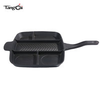 Poêle grill compartimentée 5-en-1 en fonte pré-culottée, plaque de cuisson multi-compartiments avec longue poignée torsadée pour steak, œufs et légumes