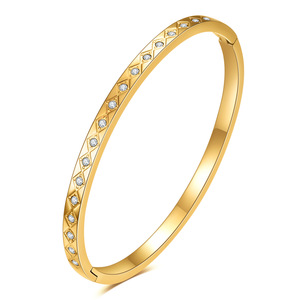 Stainless Steel Open <b>Bangle</b> 4Mm Oval Diamond <b>Set</b> Geometric Design Unisex Jewelry Gift Fashion Bracelet - Product Image 5