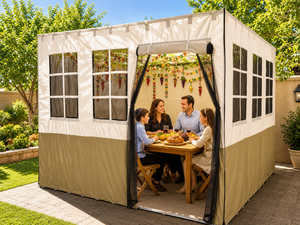 Pergola Motorizzata Kosher per Feste, Regolabile, a Doppio Strato, Impermeabile, 6x4m, con Telaio in Acciaio, Tetto in <span class=keywords><strong>Bambù</strong></span> e Pareti in Poliestere Oxford - Product Image 6