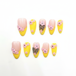 Di lusso unghie corte bara di lusso stile giallo elegante Aura fatta a mano lungo quadrato Press-On Set riutilizzabile e Halal certificato - Product Image 2