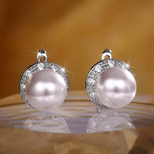 White Gold Classic Ball Freshwater Pearl Clip-on Earrings Brilliant Cut Bezel Setting Women's Wedding Jewelry - Product Image 4