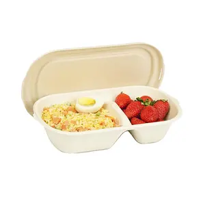 PFAS Free disposable biodegradable bamboo lunch box take away food container 800ml ellipse two compartment bento box with lid