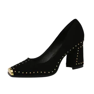 6862-1 retro fashion nightclub women's shoes with high heel metal square head shallow rivet single shoes high heels