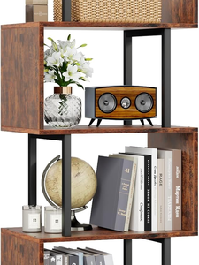 Industrial Wooden Bookshelf Metal Frame Open <b>Shelving</b> <b>Unit</b> Display Rack for Living Room Office - Product Image 1