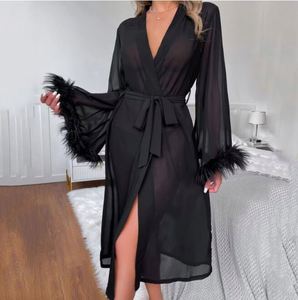 Compensação cardigan pijama sexy japonês noite vestido simulado pena roupão - Product Image 3