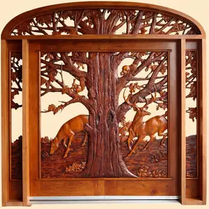 Porta de entrada de luxo com desenho de escultura de árvore residencial, porta principal de madeira maciça dupla aberta, porta esculpida com padrão animal