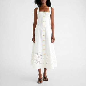 Robe <span class=keywords><strong>midi</strong></span> pour femme, style bohème resort, col carré, sans manches, coupe trapèze, avec broderie à œillets et découpe laser blanche, fabrication sur mesure - Product Image 6