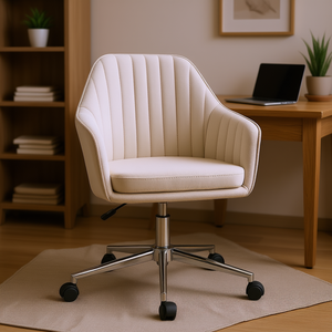 <b>Scalloped</b> Pu Leather Swivel Office <b>Chair</b> Beige With Chrome Base For Home Study Use - Product Image 2