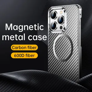 金属框架4气囊防震碳纤维外壳防水豪华手机壳磁性外壳适用于iPhone 14/15 Pro/Max