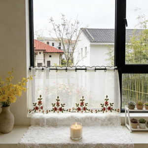 Tenda Corta Trasparente <span class=keywords><strong>con</strong></span> Ricamo a Rose e Bordo in Pizzo Ondulato, <span class=keywords><strong>con</strong></span> Tasca per Asta, per Cucina, Balcone, Caffetteria, Arredamento Casa - Product Image 4