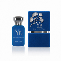 Flacon de parfum en verre floqué bleu de luxe personnalisé de 50 ml (1,7 oz), flacon en verre vaporisateur de 50 ml, logo et boîte personnalisés