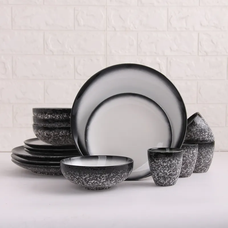 Snowflake glaze ceramic tableware set black white 8 11 14 inch Antique Banquet Dinnerware Set Crokery Rustic round plates bowl