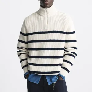 Logotipo privado Custom Men Sweater Algodão Inverno Grosso Mock Neck Front Zipper Striped Pattern Loose Knitted Sweater Pullover