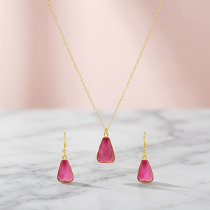 Conjunto de Collar de Acero Inoxidable Personalizado con Baño de Rodio, Colgante Trapezoidal de Calcedonia Rosa, Cadena con Cuentas y Pendientes a Juego, Lujo para Mujer - Product Image 4