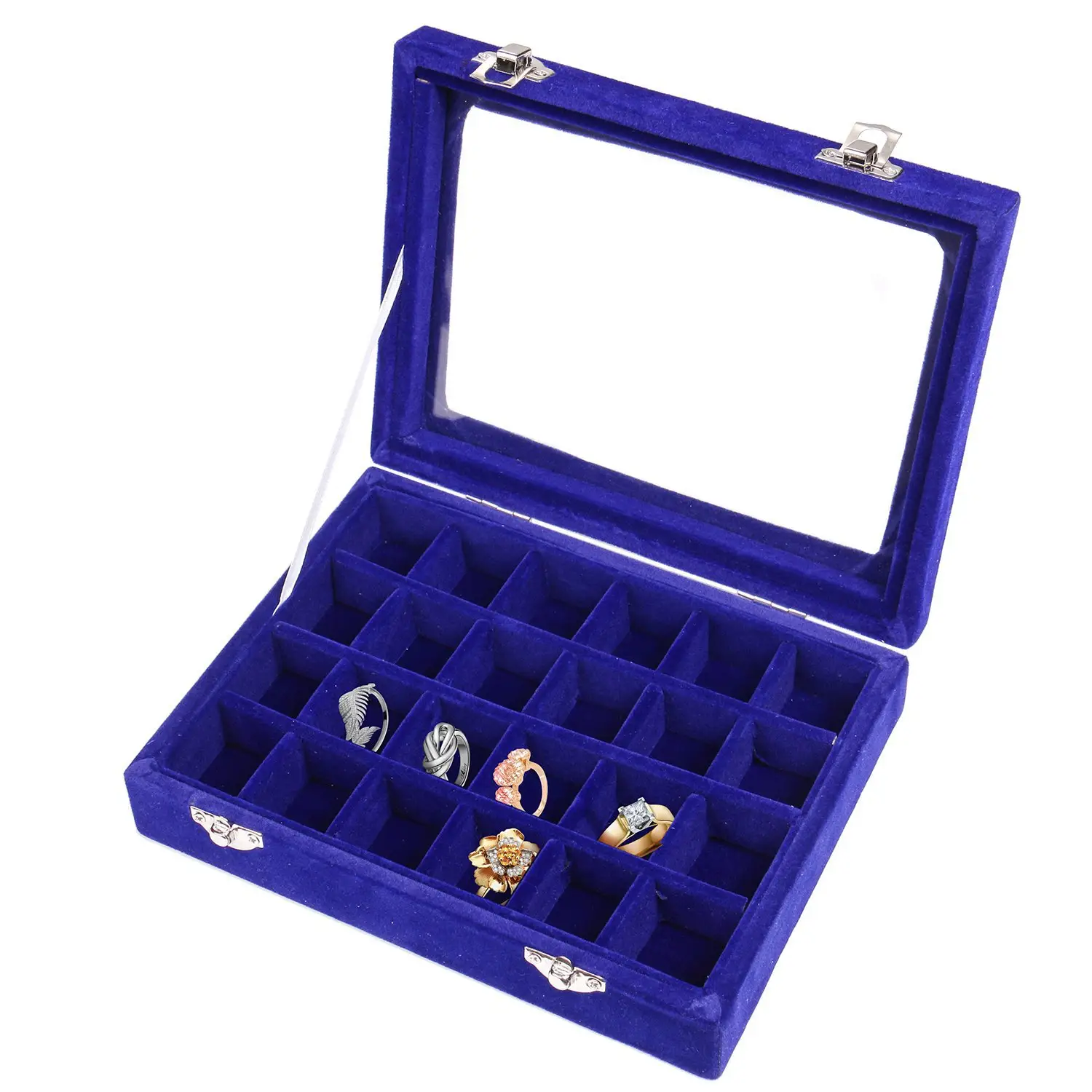 Piccolo incernierato in velluto blu scatola di imballaggio per gioielli vassoio portagioie scatola orecchino con coperchio in vetro fornitore