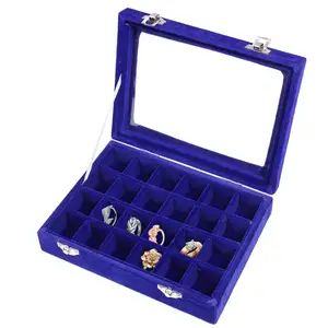 צירים עגילי קטיפה כחולה קטנה תיבת אריזת תכשיטים מגש אריזת תכשיטים עגיל קופסא עם כיסוי זכוכית ספק