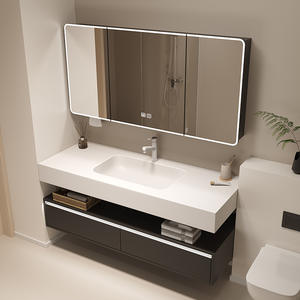 Meuble de salle de bain moderne blanc crème imperméable avec lavabo en céramique monobloc - Product Image 4