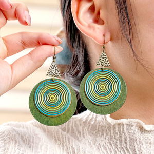 Bohemian Geometric Wood <b>Drop</b> Earrings Antique <b>Bronze</b> Plated Women's Party Jewelry Circular Pattern Design - Product Image 4