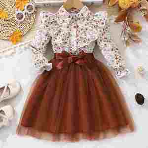 Nuevo cinturón tejido de malla con estampado de flores y solapa de manga larga para niñas, vestido de tela de punto Odm de otoño para niños, decoración de botones - Product Image 1
