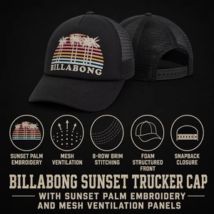 หมวกแก๊ปตาข่ายทรง Trucker ลายต้นปาล์มยามอาทิตย์อัสดง Billabong แบบวินเทจ สำหรับเล่นเซิร์ฟ ขายส่งจากโรงงาน รับผลิตแบบ OEM ขั้นต่ำสั่งซื้อน้อย - Product Image 3