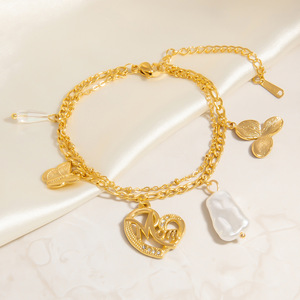 Bracelet à breloques tendance plaqué or avec chaîne de perles et pendentif trèfle à quatre feuilles – Bijou cadeau - Product Image 3