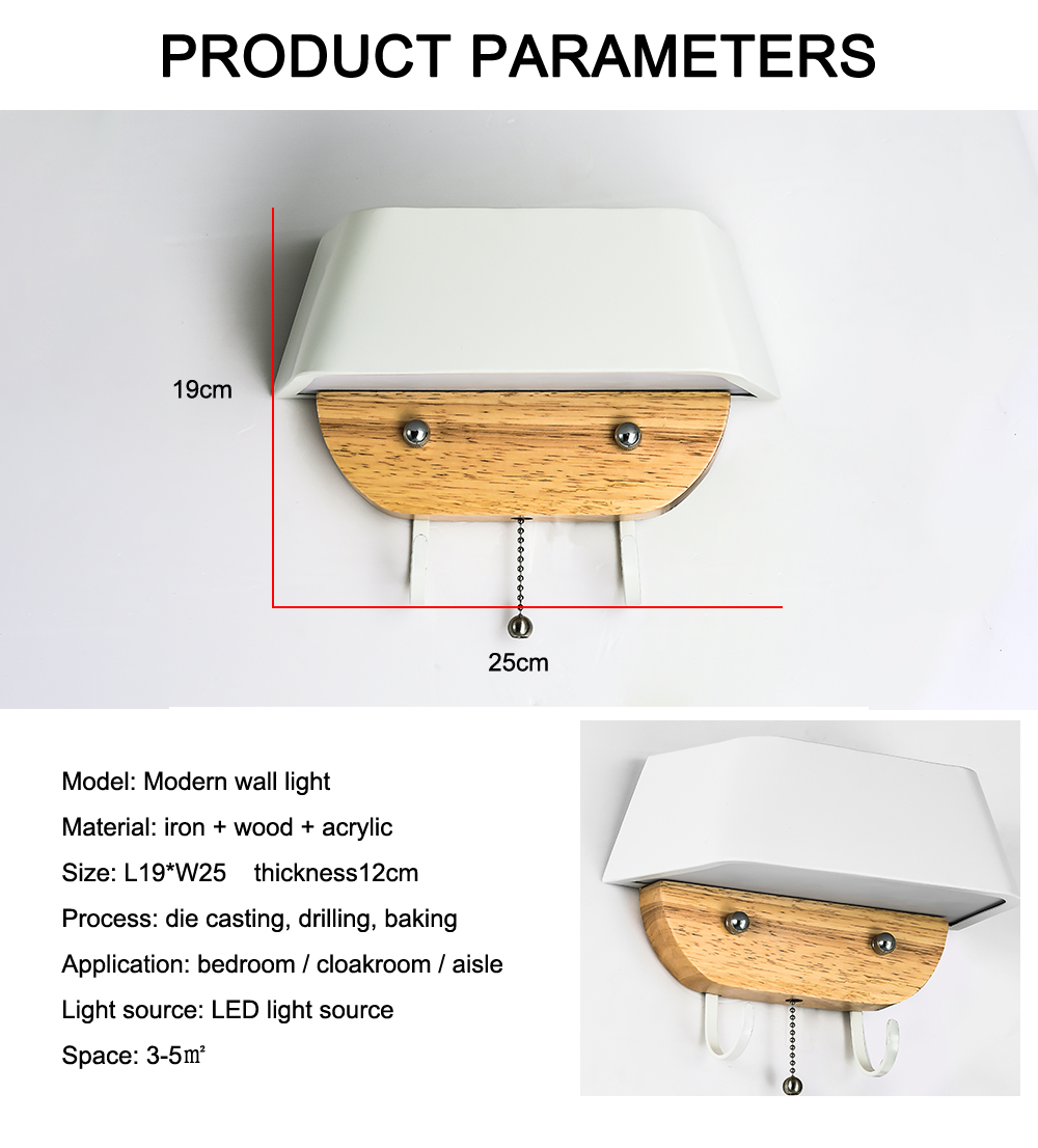 Creative Simple Modern LED Personality Design Wrought Iron Wood Wall Lamp With Hook For Bedroom